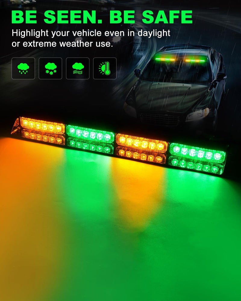 HLauto 6Z4J Emergency Dash Strobe Lights: 2x16.8 inch Green Amber Safety Lights, 48 LED Flashing Warning Hazard Interior Windshield Visor Traffic Light Bar for Trucks, Construction Vehicles - Image 3